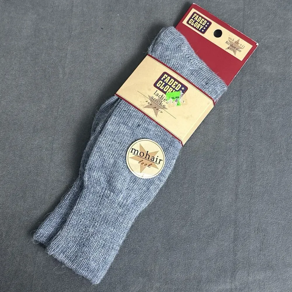 Vintage 90s Faded Glory Fuzzy Knee High Socks Blue Mohair Look USA Made NOS